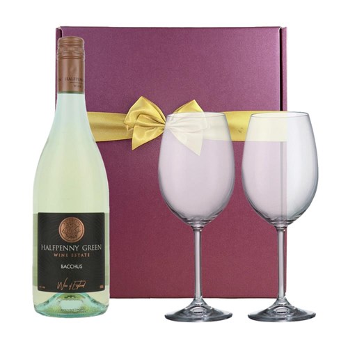 Halfpenny Green Bacchus 75cl White Wine & Wine Glasses Gift Box